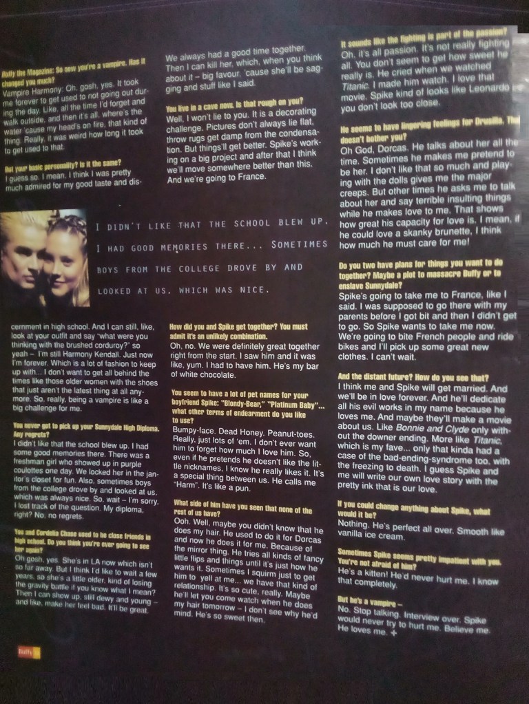 A close-up of a magazine page featuring an interview with a character discussing relationships and personal experiences.